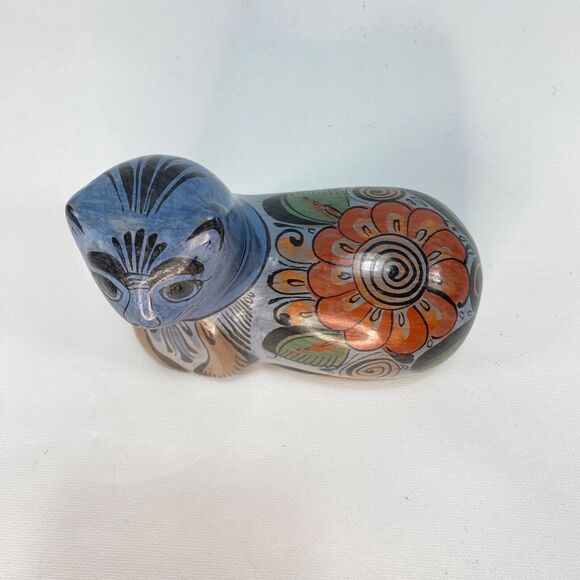 Mexican Folk Art Cat Earthen Ware Clay Figurine Hand Painted Blue Floral 5x4" - Picture 7 of 9